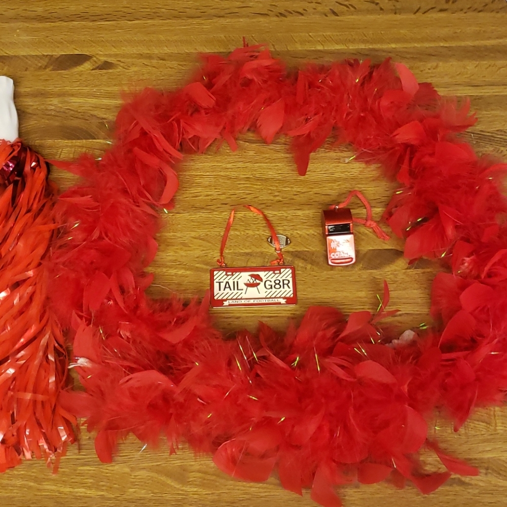 Red boa, pom pom, #1 coach whistle, tailgate tag